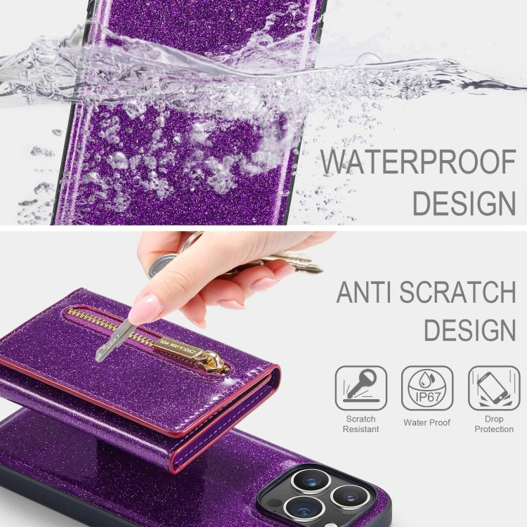 For iPhone 15 Pro DG.MING M3 Series Glitter Powder Card Bag Leather Phone Case(Dark Purple) - iPhone 15 Pro Cases by DG.MING | Online Shopping UK | buy2fix