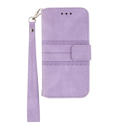 For iPhone 16 Pro Embossed Stripes Skin Feel Leather Phone Case(Light Purple) - iPhone 16 Pro Cases by buy2fix | Online Shopping UK | buy2fix