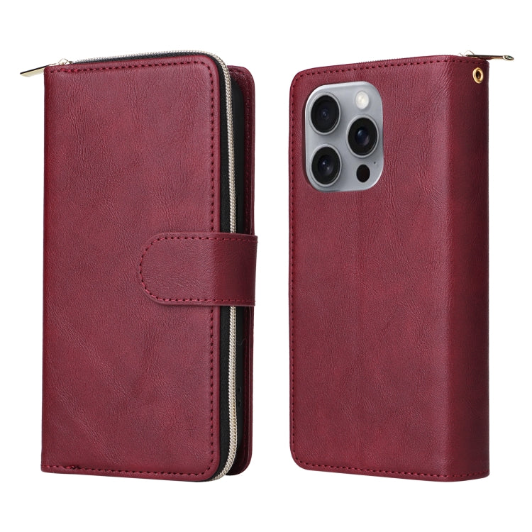 For iPhone 16 Pro Max 9 Card Slots Zipper Wallet Bag Leather Phone Case(Wine Red) - iPhone 16 Pro Max Cases by buy2fix | Online Shopping UK | buy2fix