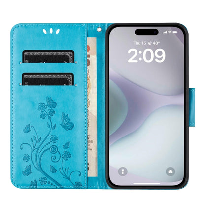 For iPhone 16 Butterfly Flower Pattern Flip Leather Phone Case(Blue) - iPhone 16 Cases by buy2fix | Online Shopping UK | buy2fix