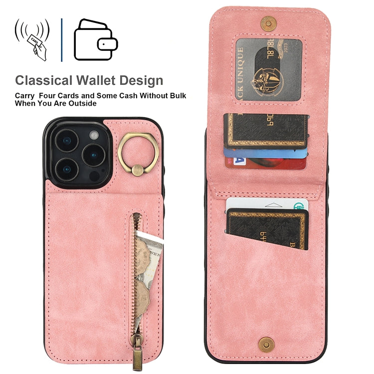 For iPhone 16 Pro Max Retro Ring and Zipper RFID Card Slot Phone Case(Pink) - iPhone 16 Pro Max Cases by buy2fix | Online Shopping UK | buy2fix