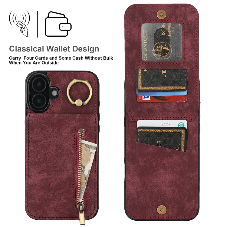 For iPhone 16 Plus Retro Ring and Zipper RFID Card Slot Phone Case(Wine Red) - iPhone 16 Plus Cases by buy2fix | Online Shopping UK | buy2fix