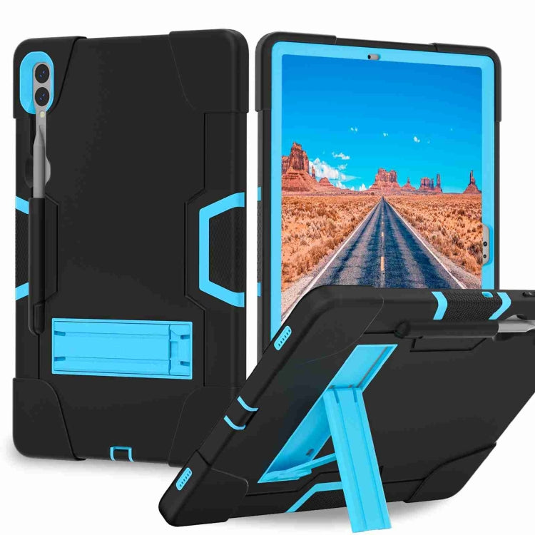 For Samsung Galaxy Tab S9+ Contrast Color Silicone PC Tablet Case with Holder(Black + Blue) - Galaxy Tab S9+ Cases by buy2fix | Online Shopping UK | buy2fix