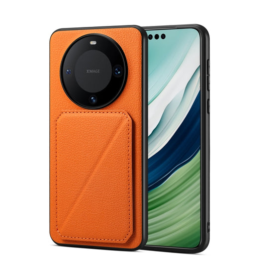 For Huawei Mate 60 Denior Calf Texture Holder Electroplating Phone Case(Orange) - Huawei Cases by Denior | Online Shopping UK | buy2fix