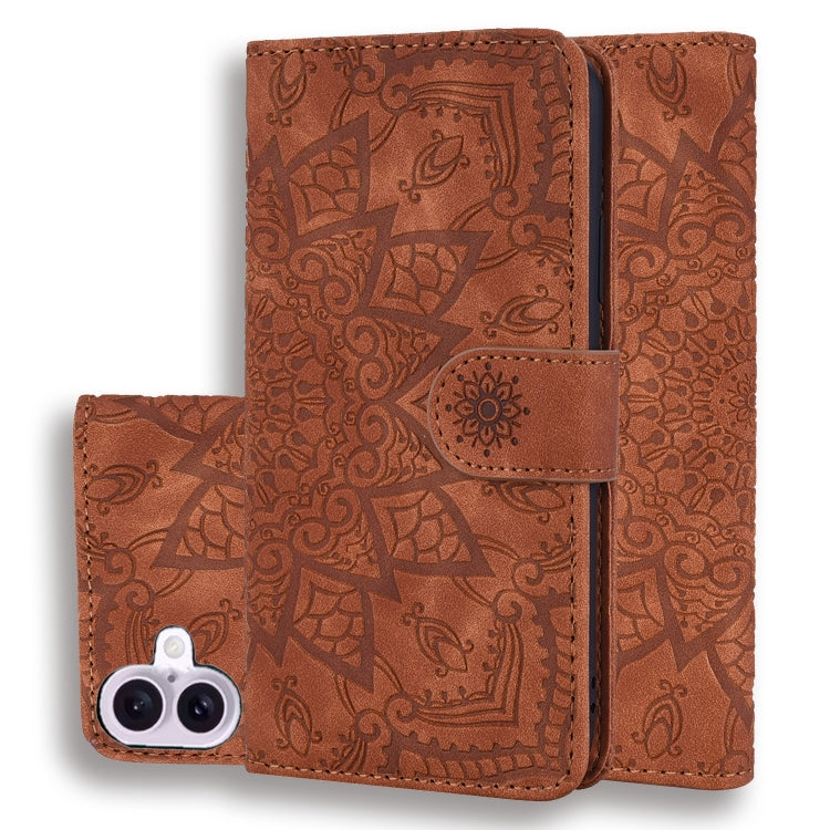 For iPhone 16 Plus Mandala Embossed Dual-Fold Calf Leather Phone Case(Brown) - iPhone 16 Plus Cases by buy2fix | Online Shopping UK | buy2fix