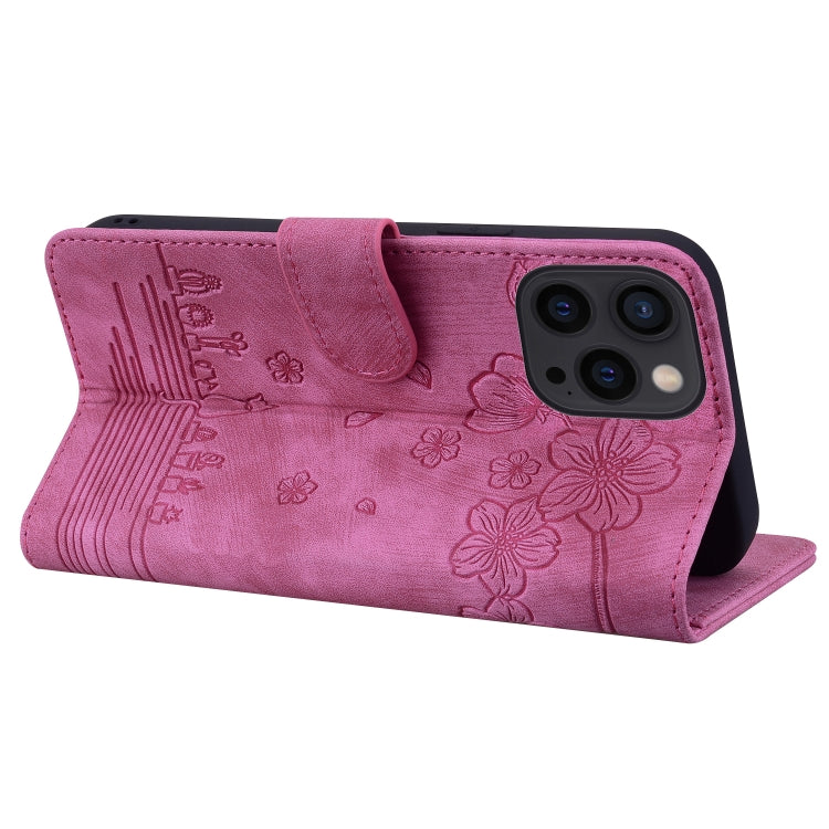 For iPhone 16 Pro Max Cartoon Sakura Cat Embossed Leather Phone Case(Rose Red) - iPhone 16 Pro Max Cases by buy2fix | Online Shopping UK | buy2fix