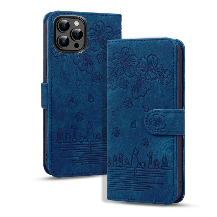 For iPhone 16 Pro Cartoon Sakura Cat Embossed Leather Phone Case(Royal Blue) - iPhone 16 Pro Cases by buy2fix | Online Shopping UK | buy2fix