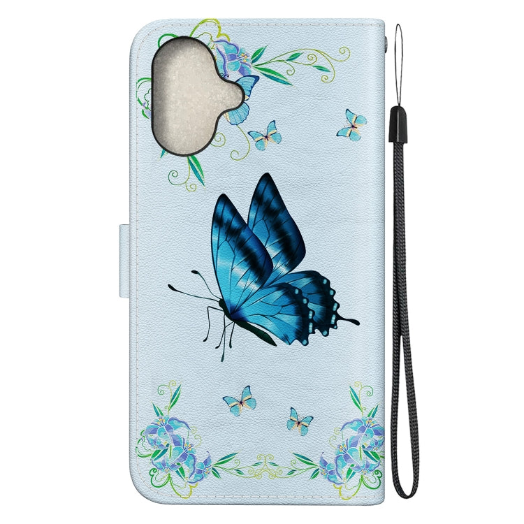 For iPhone 16 Crystal Texture Colored Drawing Leather Phone Case(Blue Pansies) - iPhone 16 Cases by buy2fix | Online Shopping UK | buy2fix