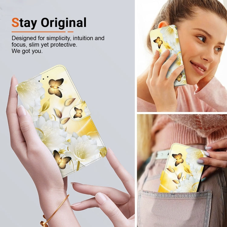 For iPhone 16 Plus Crystal Texture Colored Drawing Leather Phone Case(Gold Butterfly Epiphyllum) - iPhone 16 Plus Cases by buy2fix | Online Shopping UK | buy2fix