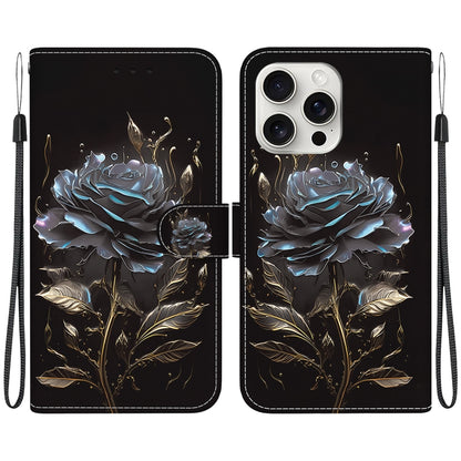 For iPhone 16 Pro Crystal Texture Colored Drawing Leather Phone Case(Black Rose) - iPhone 16 Pro Cases by buy2fix | Online Shopping UK | buy2fix