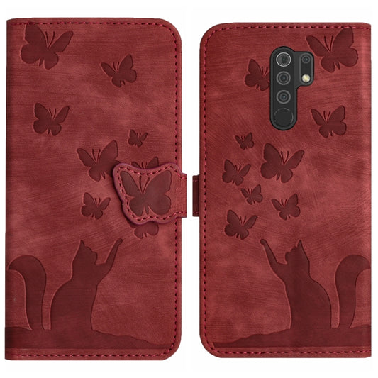 For Xiaomi Redmi 9 Butterfly Cat Embossing Flip Leather Phone Case(Red) - Xiaomi Cases by buy2fix | Online Shopping UK | buy2fix