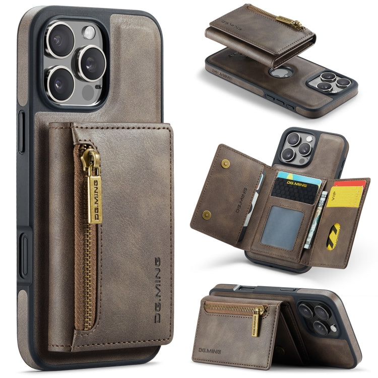 For iPhone 16 Pro DG.MING M5 Series Zip RFID Multi Card Detachable Leather Phone Case(Coffee) - iPhone 16 Pro Cases by DG.MING | Online Shopping UK | buy2fix