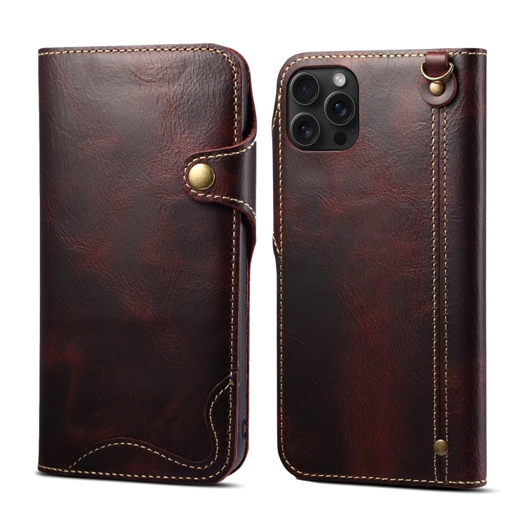 For iPhone 15 Pro Max Denior Oil Wax Cowhide Magnetic Button Genuine Leather Case(Dark Red) - iPhone 15 Pro Max Cases by Denior | Online Shopping UK | buy2fix