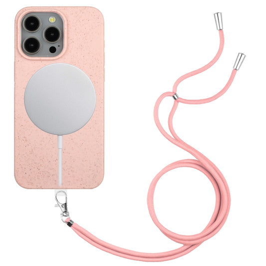 For iPhone 11 Pro Wheat MagSafe Magnetic Straw Material + TPU Phone Case with Lanyard(Pink) - iPhone 11 Pro Cases by buy2fix | Online Shopping UK | buy2fix