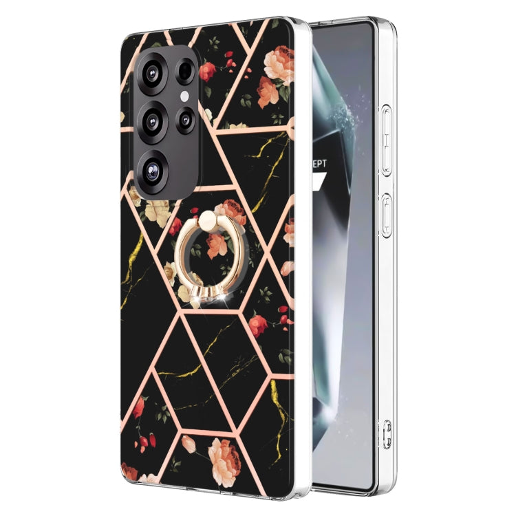 For Samsung Galaxy S25 Ultra 5G Electroplating Splicing Marble Flower Pattern TPU Shockproof Case with Rhinestone Ring Holder(Black Flower) - Galaxy S25 Ultra 5G Cases by buy2fix | Online Shopping UK | buy2fix