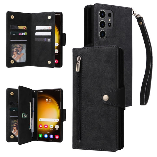 For Samsung Galaxy S24 Ultra 5G Rivet Buckle 9 Cards 3-Fold Wallet Leather Phone Case(Black) - Galaxy S24 Ultra 5G Cases by buy2fix | Online Shopping UK | buy2fix