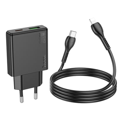 Hoco N38 Delgado PD20W + QC3.0 Dual Port Charger Set with Type-C to 8 Pin Cable, EU Plug(Black) - USB Charger by hoco | Online Shopping UK | buy2fix