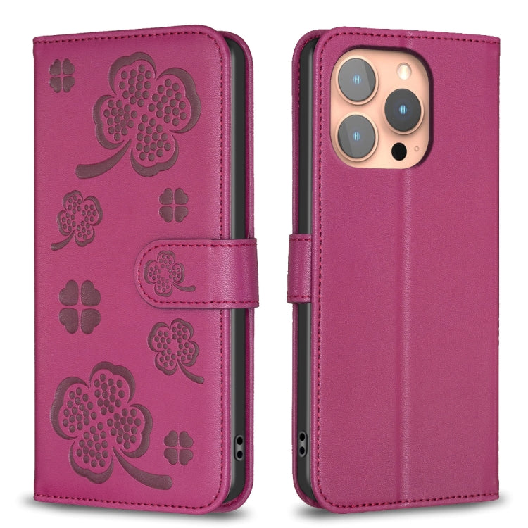 For iPhone 16 Pro Max Four-leaf Embossed Leather Phone Case(Rose Red) - iPhone 16 Pro Max Cases by buy2fix | Online Shopping UK | buy2fix