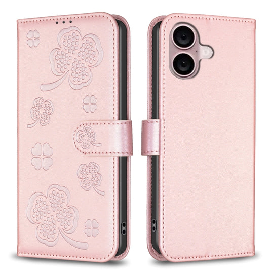 For iPhone 16 Four-leaf Embossed Leather Phone Case(Pink) - iPhone 16 Cases by buy2fix | Online Shopping UK | buy2fix