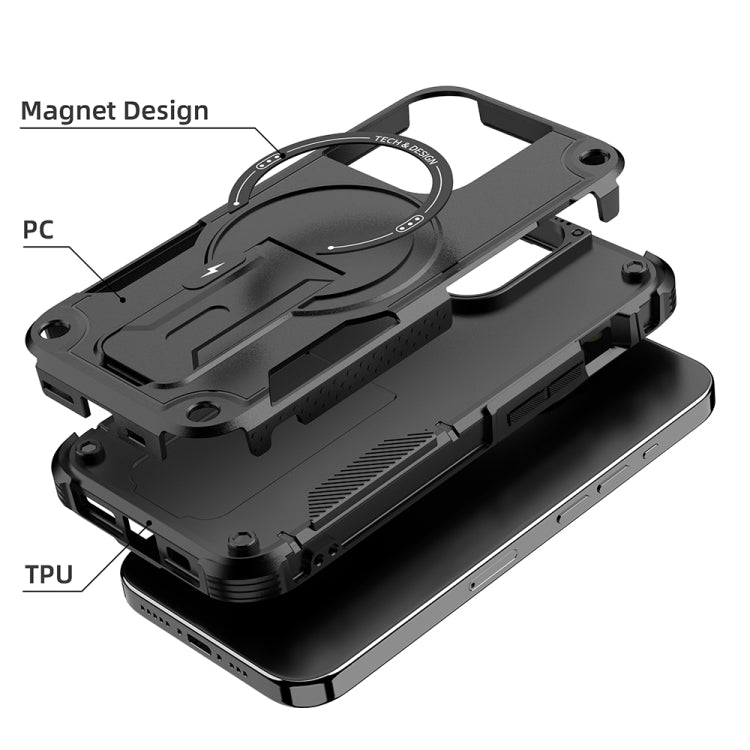 For iPhone 15 Plus MagSafe Holder Armor PC Hybrid TPU Phone Case(Black) - iPhone 15 Plus Cases by buy2fix | Online Shopping UK | buy2fix