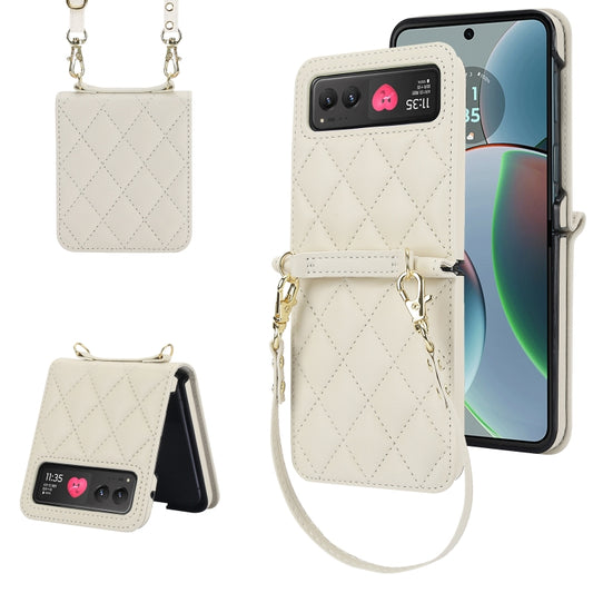 For Motorola Razr 40 Rhombic Texture Phone Case with Long & Short Lanyard(White) - Motorola Cases by buy2fix | Online Shopping UK | buy2fix