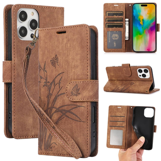 For iPhone 16 Pro Orchid Butterfly Embossed Leather Phone Case(Brown) - iPhone 16 Pro Cases by buy2fix | Online Shopping UK | buy2fix