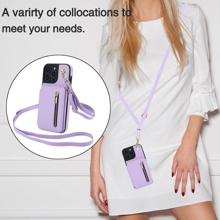 For iPhone 16 Pro YM006 Skin Feel Zipper Card Bag Phone Case with Dual Lanyard(Light Purple) - iPhone 16 Pro Cases by buy2fix | Online Shopping UK | buy2fix