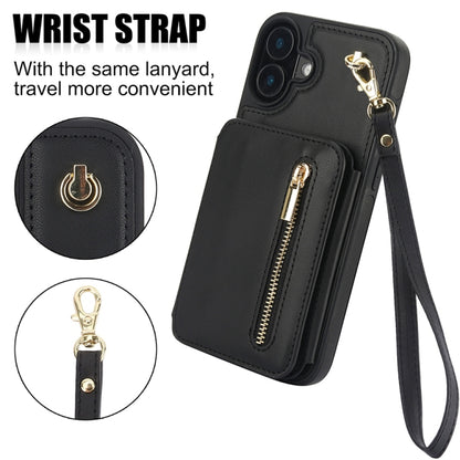 For iPhone 16 Plus YM006 Skin Feel Zipper Card Bag Phone Case with Dual Lanyard(Black) - iPhone 16 Plus Cases by buy2fix | Online Shopping UK | buy2fix