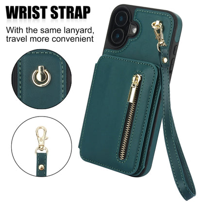 For iPhone 16 YM006 Skin Feel Zipper Card Bag Phone Case with Dual Lanyard(Green) - iPhone 16 Cases by buy2fix | Online Shopping UK | buy2fix