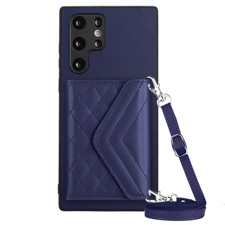 For Samsung Galaxy S22 Ultra 5G Rhombic Texture Card Bag RFID Phone Case with Long Lanyard(Dark Purple) - Galaxy S22 Ultra 5G Cases by buy2fix | Online Shopping UK | buy2fix