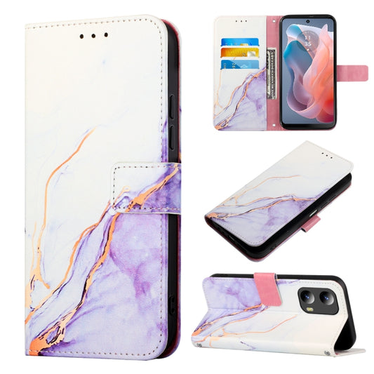 For Motorola Moto G Play 5G 2024 PT003 Marble Pattern Flip Leather Phone Case(White Purple) - Motorola Cases by buy2fix | Online Shopping UK | buy2fix