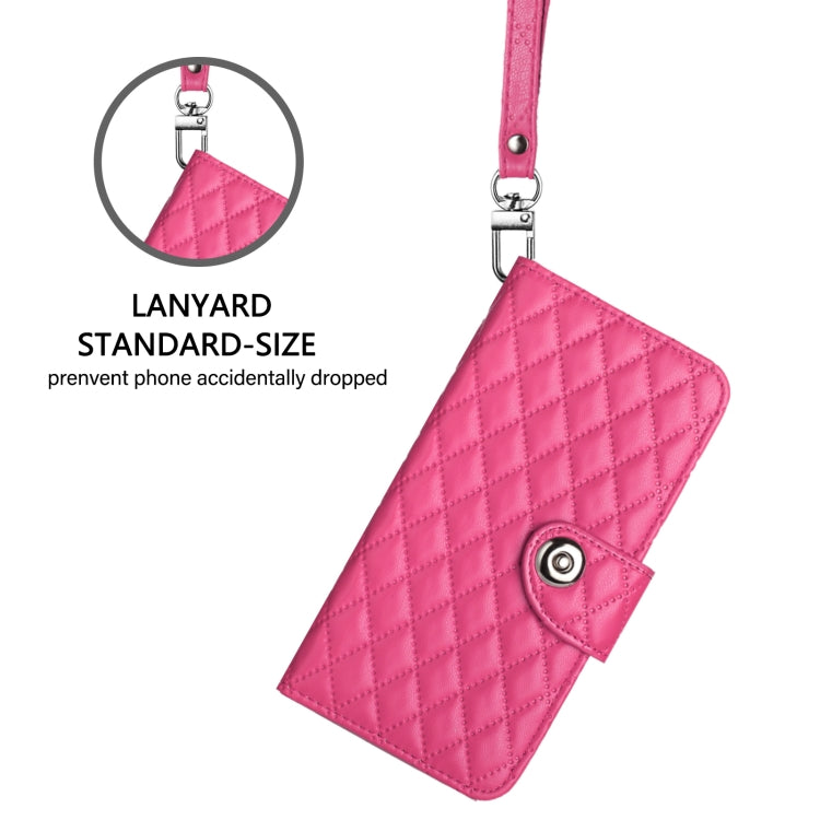 For iPhone 16 Plus Rhombic Texture Flip Leather Phone Case with Lanyard(Rose Red) - iPhone 16 Plus Cases by buy2fix | Online Shopping UK | buy2fix