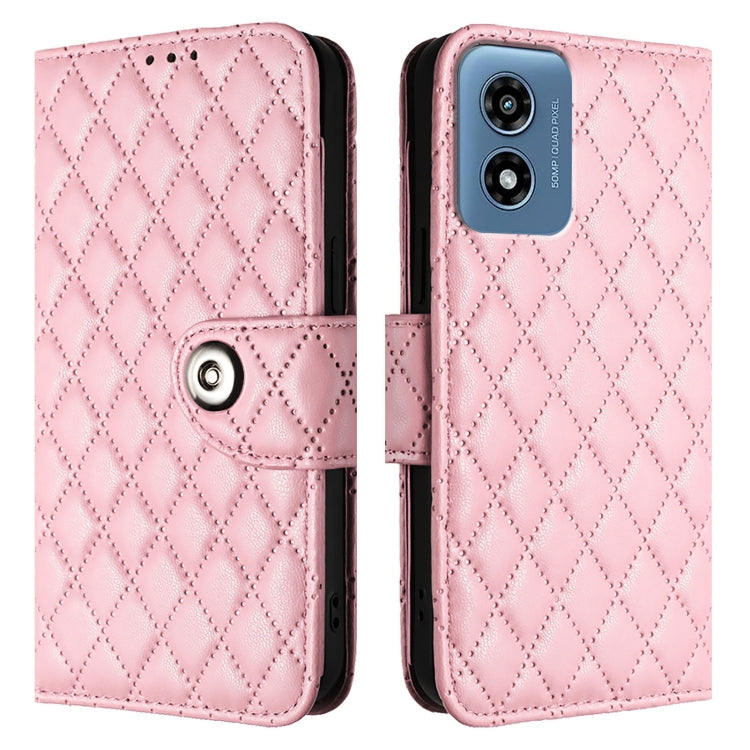 For Motorola Moto G 5G 2024 Global Rhombic Texture Flip Leather Phone Case with Lanyard(Pink) - Motorola Cases by buy2fix | Online Shopping UK | buy2fix