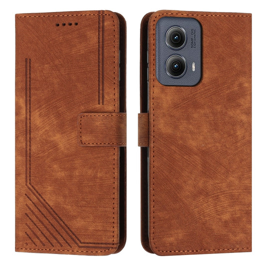 For Motorola Edge 2024 Skin Feel Stripe Pattern Leather Phone Case with Long Lanyard(Brown) - Motorola Cases by buy2fix | Online Shopping UK | buy2fix