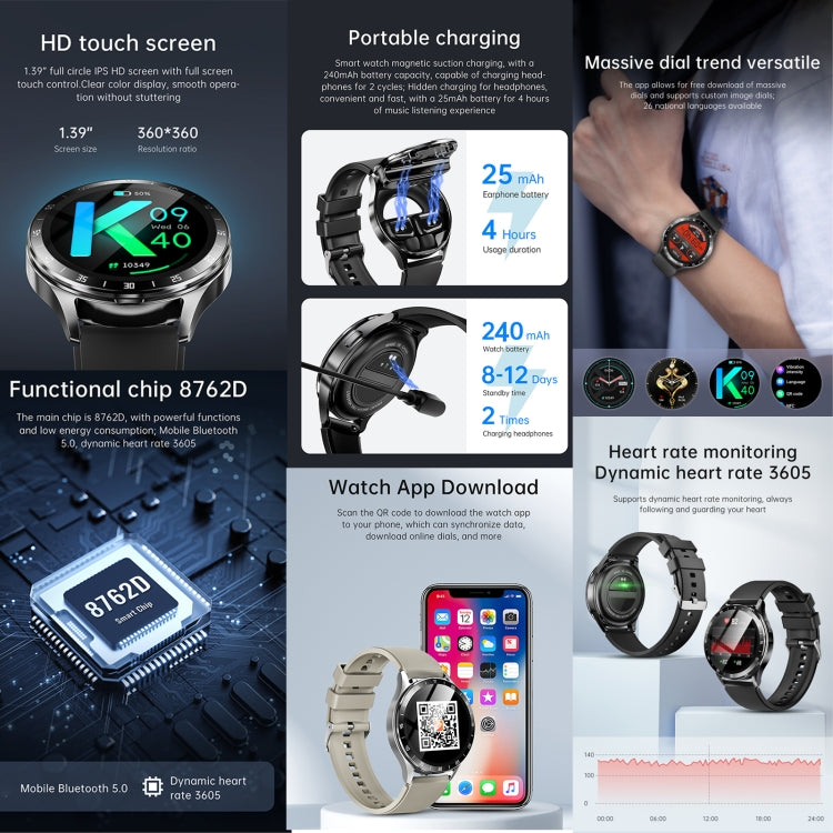 X10 Headphones Smart Watch 1.39 inch Waterproof Bracelet, Support Bluetooth Call / NFC / Heart Rate(Silver) - Smart Watches by buy2fix | Online Shopping UK | buy2fix