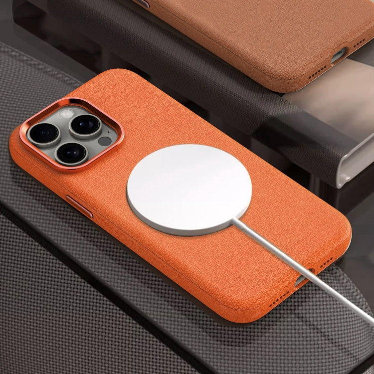 For iPhone 12 Pro Max Metal Lens Frame Leather Magsafe Full Coverage Shockproof Phone Case(Orange) - iPhone 12 Pro Max Cases by buy2fix | Online Shopping UK | buy2fix