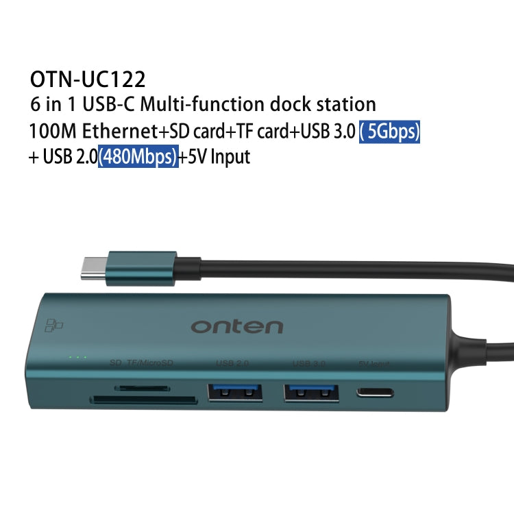 Onten UC122 6 in 1 USB-C / Type-C to SD + TF Card + USB 3.0 HUB with 5V Input & 100Mbps Network Card - USB HUB by Onten | Online Shopping UK | buy2fix