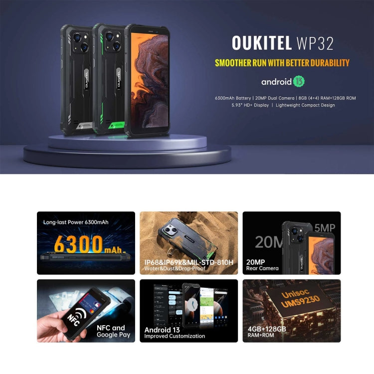 [HK Warehouse] Oukitel WP32, 4GB+128GB, IP68/IP69K, 5.93 inch Android 13 Unisoc Tiger T606 Octa-core, NFC, OTG, Network: 4G(Black) - Other by OUKITEL | Online Shopping UK | buy2fix