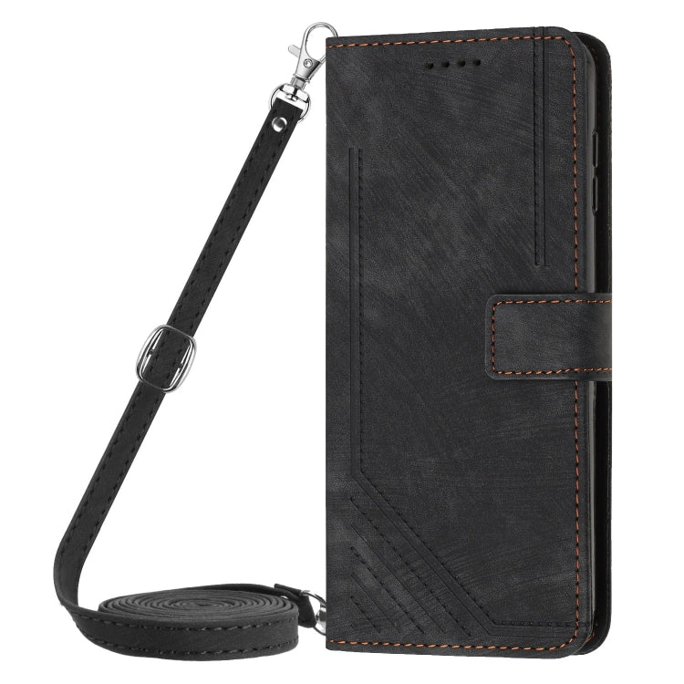 For OnePlus 12 Skin Feel Stripe Pattern Leather Phone Case with Lanyard(Black) - OnePlus Cases by buy2fix | Online Shopping UK | buy2fix