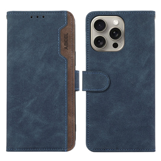 For iPhone 16 Pro Max ABEEL Color Block Magnetic RFID Leather Phone Case(Blue-Brown) - iPhone 16 Pro Max Cases by buy2fix | Online Shopping UK | buy2fix