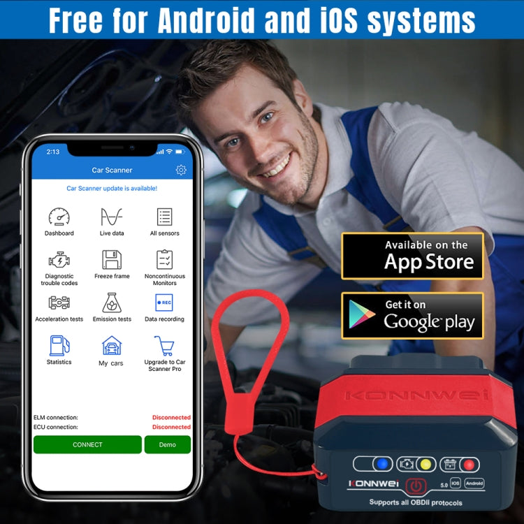 KONNWEI KW905 Bluetooth 5.0 Car OBD2 Scanner Support Android & iOS(Black Red) - Code Readers & Scan Tools by KONNWEI | Online Shopping UK | buy2fix