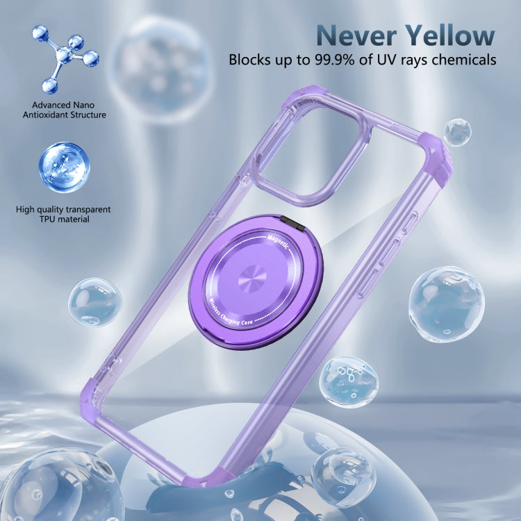 For iPhone 14 Pro Gold Shield CD Pattern MagSafe Magnetic Phone Case with Rotating Stand(Transparent Purple) - iPhone 14 Pro Cases by buy2fix | Online Shopping UK | buy2fix