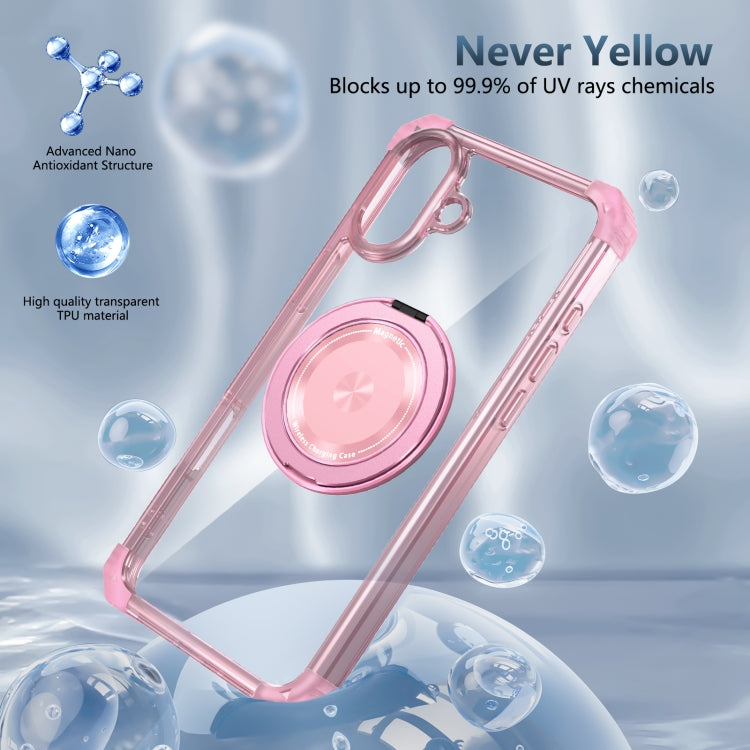 For iPhone 16 Gold Shield CD Pattern MagSafe Magnetic Phone Case with Rotating Stand(Transparent Pink) - iPhone 16 Cases by buy2fix | Online Shopping UK | buy2fix