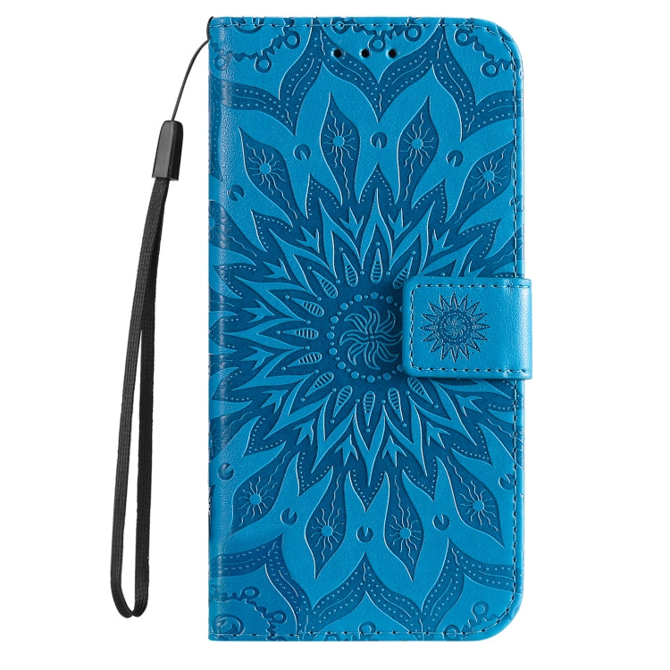 For iPhone 16 Plus Embossed Sunflower Pattern Flip Leather Phone Case(Blue) - iPhone 16 Plus Cases by buy2fix | Online Shopping UK | buy2fix