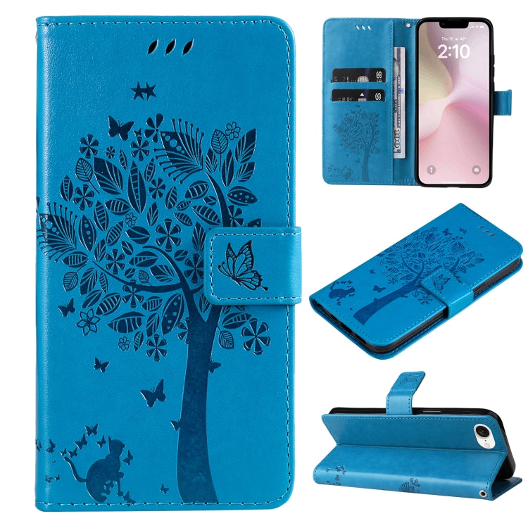 For iPhone SE 2024 Tree & Cat Embossed Pattern Flip Leather Phone Case(Blue) - More iPhone Cases by buy2fix | Online Shopping UK | buy2fix