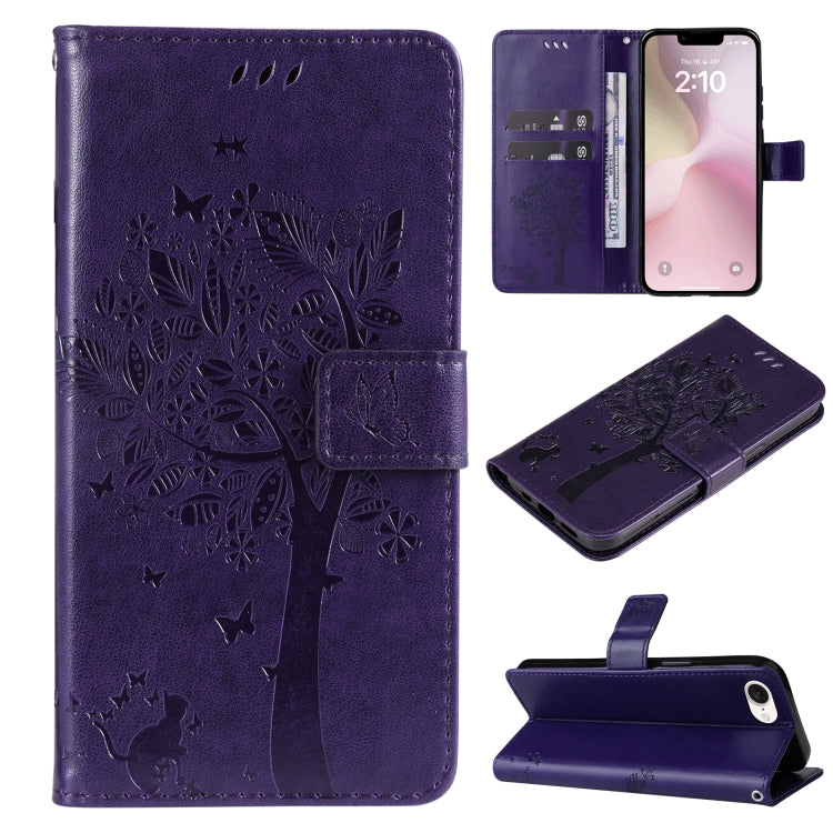 For iPhone SE 2024 Tree & Cat Embossed Pattern Flip Leather Phone Case(Purple) - More iPhone Cases by buy2fix | Online Shopping UK | buy2fix