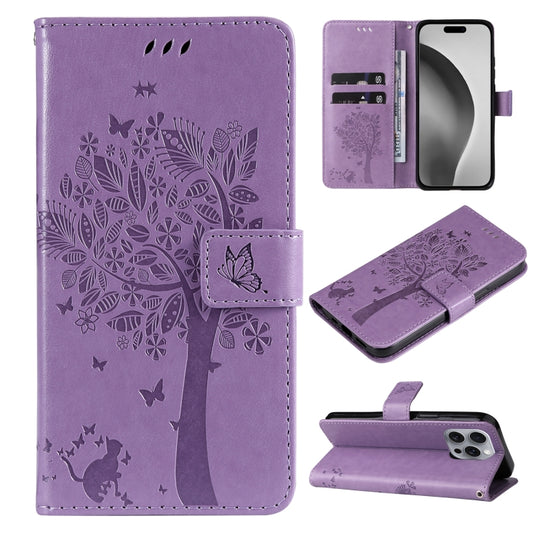 For iPhone 16 Pro Max Tree & Cat Embossed Pattern Flip Leather Phone Case(Light Purple) - iPhone 16 Pro Max Cases by buy2fix | Online Shopping UK | buy2fix