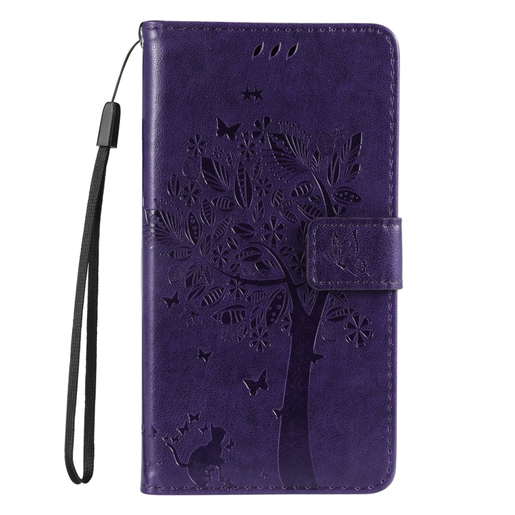 For iPhone 16 Pro Max Tree & Cat Embossed Pattern Flip Leather Phone Case(Purple) - iPhone 16 Pro Max Cases by buy2fix | Online Shopping UK | buy2fix