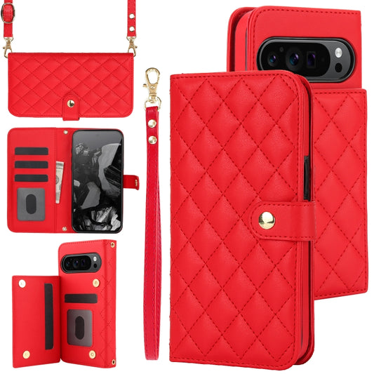 For Google Pixel 9 Crossbody Multifunction Rhombic Leather Phone Case(Red) - Google Cases by buy2fix | Online Shopping UK | buy2fix