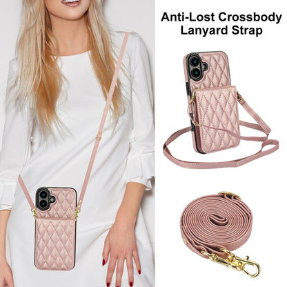 For iPhone 16 Plus YM015 Crossbody Rhombic Card Bag RFID Phone Case(Rose Gold) - iPhone 16 Plus Cases by buy2fix | Online Shopping UK | buy2fix